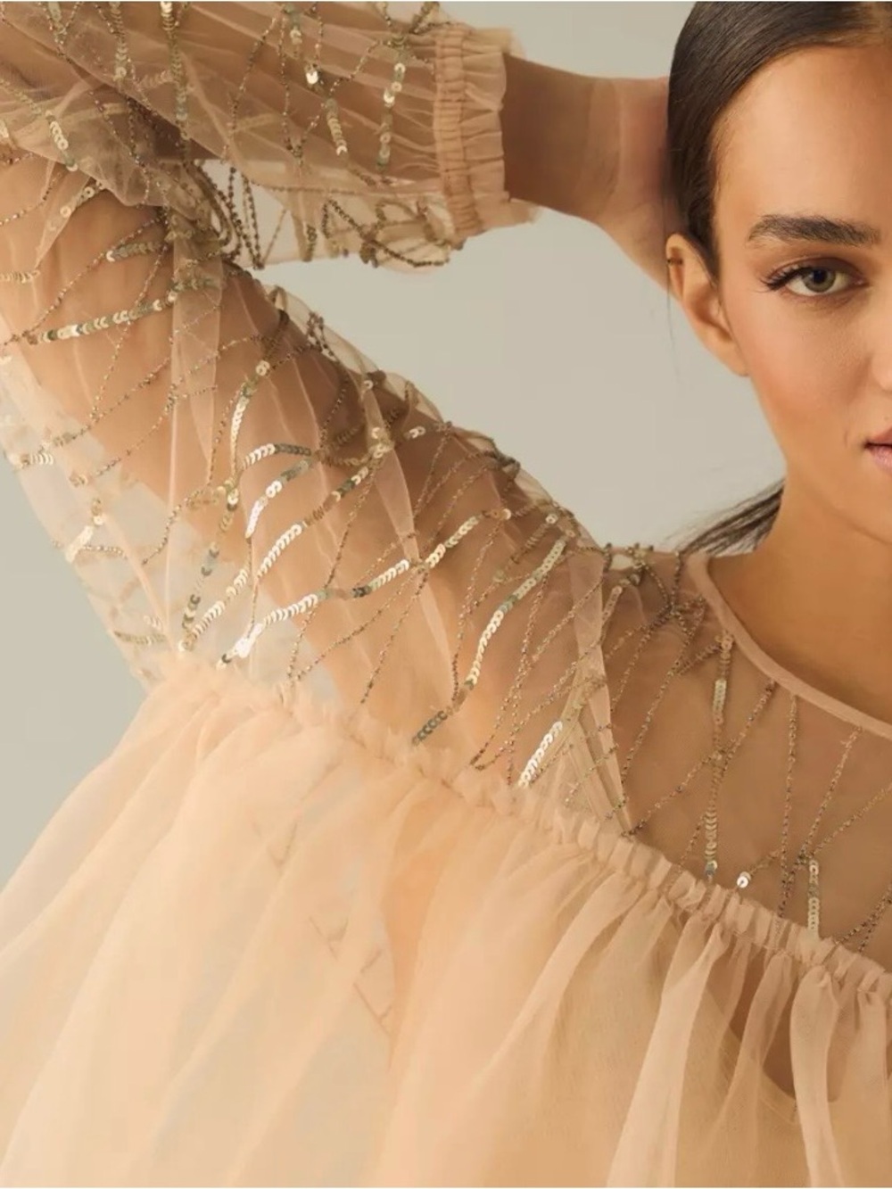 Anthropologie- Sheer Sequin-Embellished Tulle Dress in Light Pink
